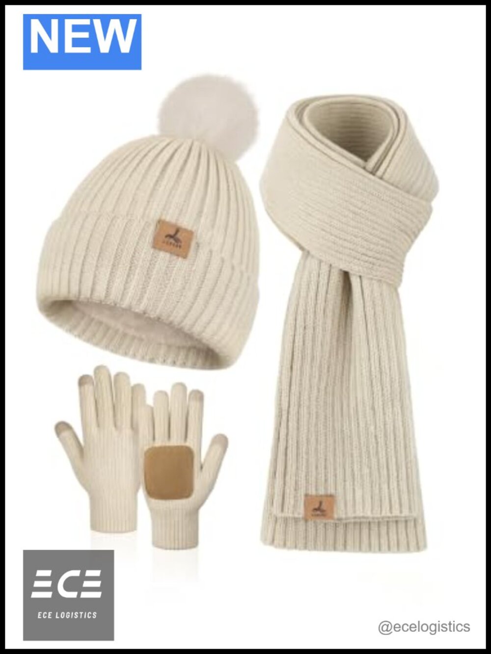 Womens 3-in-1 Acrylic Knit Beanie Hat Scarf Gloves Set Winter Gift